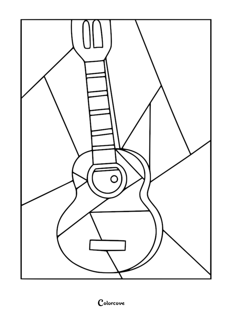 A stained glass style guitar coloring page featuring geometric lines and a musical instrument design.