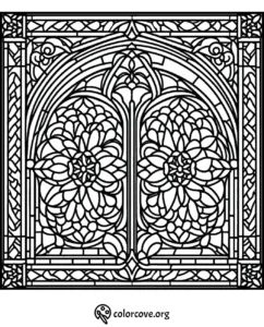 Ornate stained glass window coloring page featuring intricate floral and geometric designs for adults and kids.