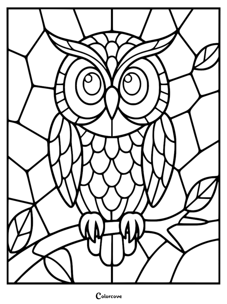 A detailed stained glass owl coloring page featuring a perched owl with large eyes against a geometric mosaic background.
