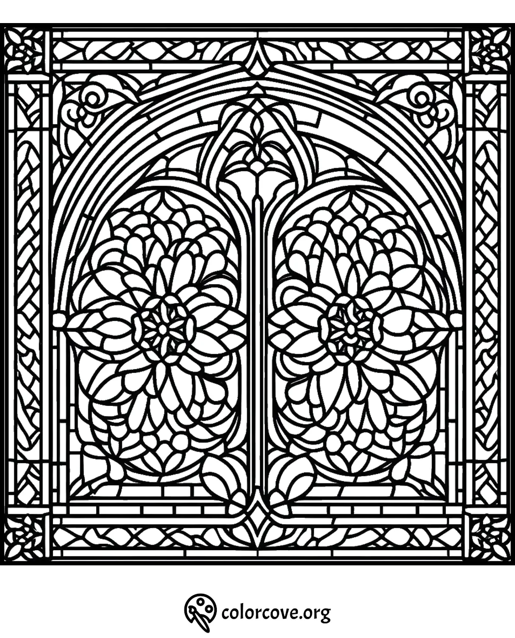 Ornate stained glass window coloring page featuring intricate floral and geometric designs for adults and kids.