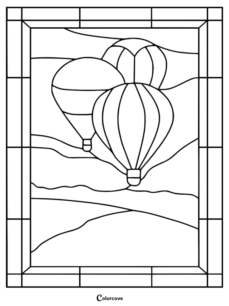 A stained glass style coloring page featuring two hot air balloons floating over a landscape.