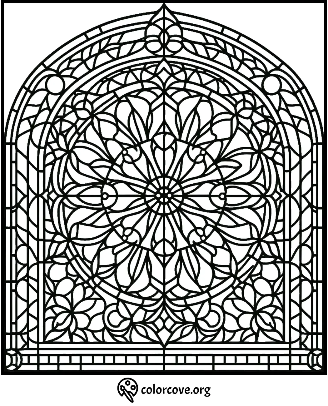 Intricate stained glass window coloring page featuring floral and geometric patterns, free to download from colorcove.org.