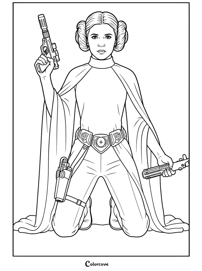 Princesa Leia sosteniendo un bláster y un sable de luz en una página para colorear de Star Wars.