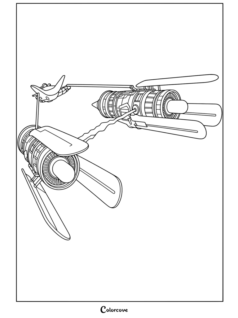 Página para colorear del podracer de Anakin Skywalker con nueve motores geniales conectados por un haz de enlace de energía de Star Wars