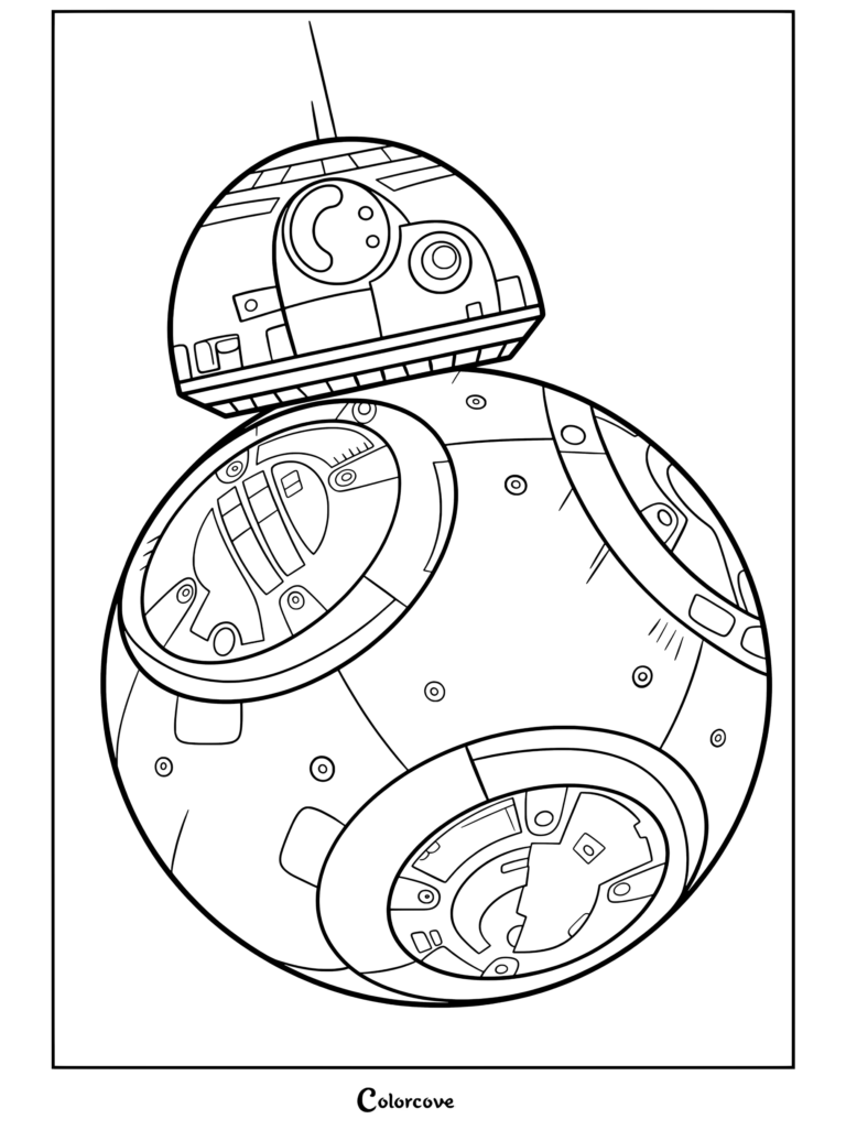 Página para colorear de vista frontal del droide astromecánico BB-8 de Star Wars
