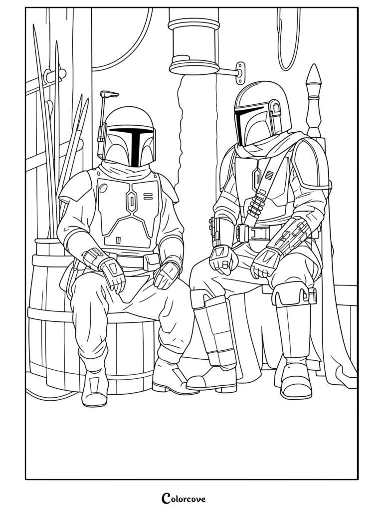 Página para colorear de Star Wars con Boba Fett y Din Djarin sentados juntos en un estilo anime retro.