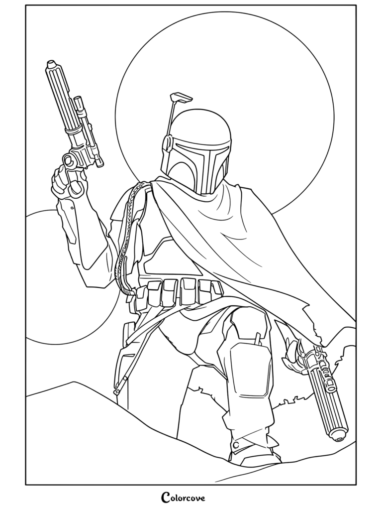 Página para colorear de Star Wars imprimible de Boba Fett sosteniendo pistolas bláster y arrodillado frente a soles binarios con capa.