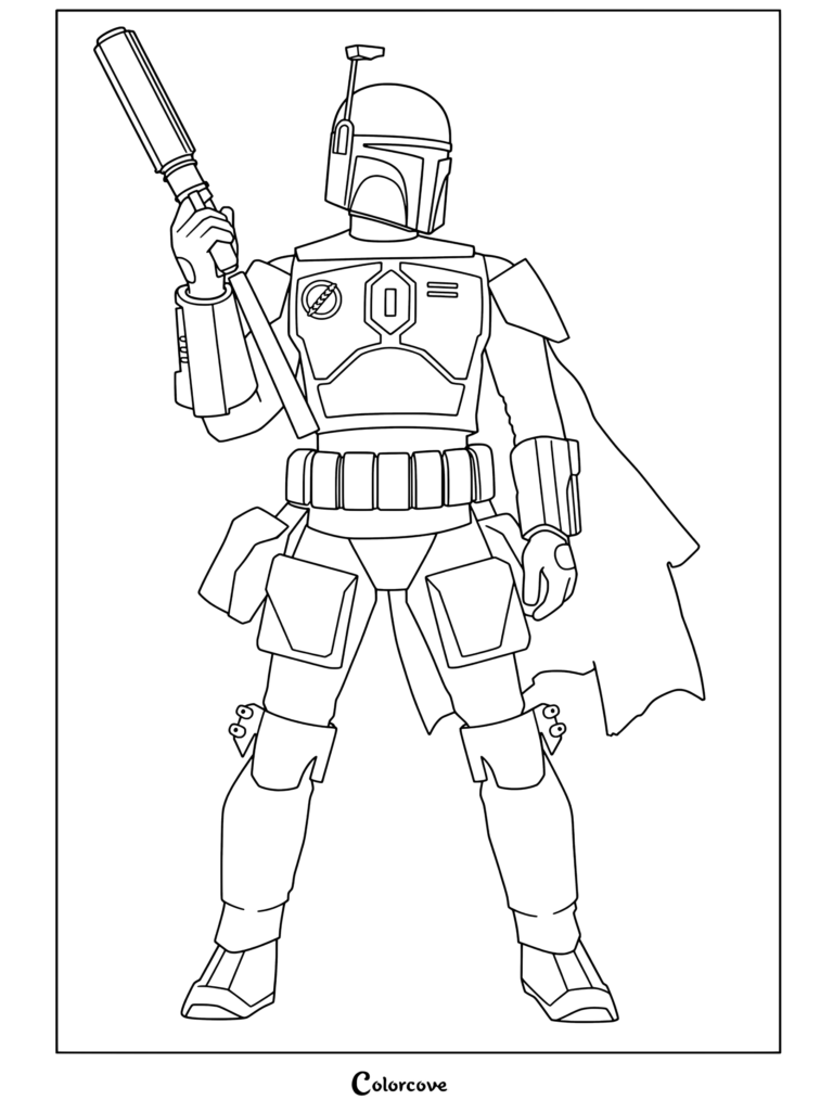 Página para colorear de Star Wars de Boba Fett sosteniendo un rifle bláster con armadura mandaloriana, casco y capa verdes