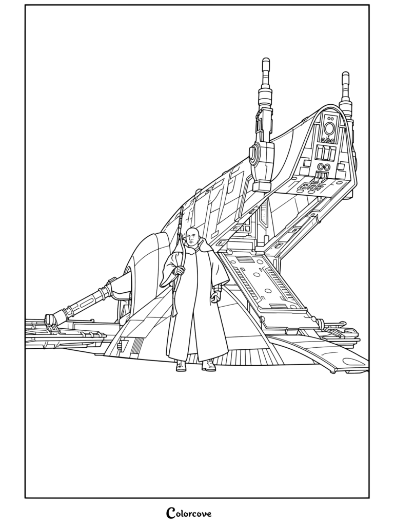 Página para colorear de Star Wars con Boba Fett con túnicas negras, sosteniendo un rifle y de pie frente a su nave espacial Esclavo I con la rampa bajada.