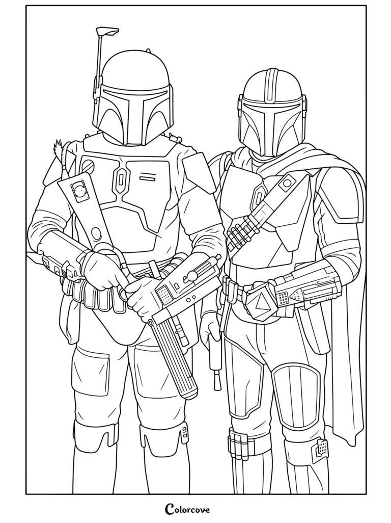 Página para colorear de Star Wars de Boba Fett con armadura verde sosteniendo un bláster junto a Din Djarin con armadura de beskar en una playa