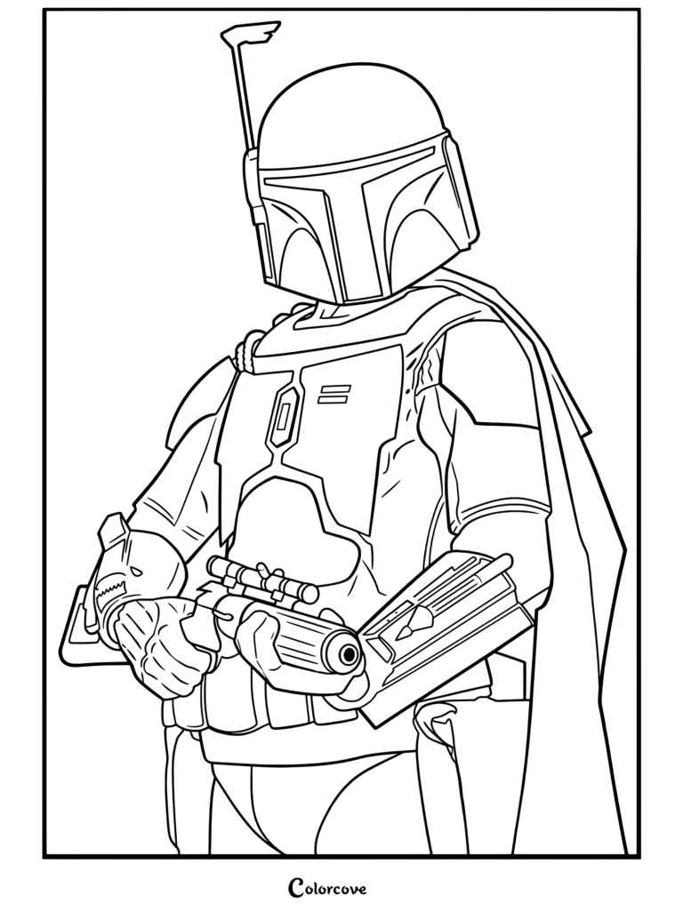 Página para colorear para fans de Star Wars de Boba Fett con armadura y casco mandalorianos, sosteniendo un rifle bláster y capa verde