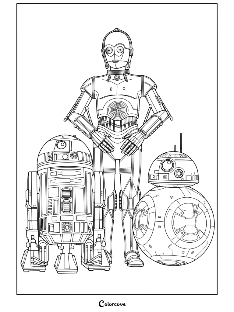 Página para colorear para fans de Star Wars de C-3PO, R2-D2 y BB-8 de pie juntos contra un fondo de galaxia estrellada.