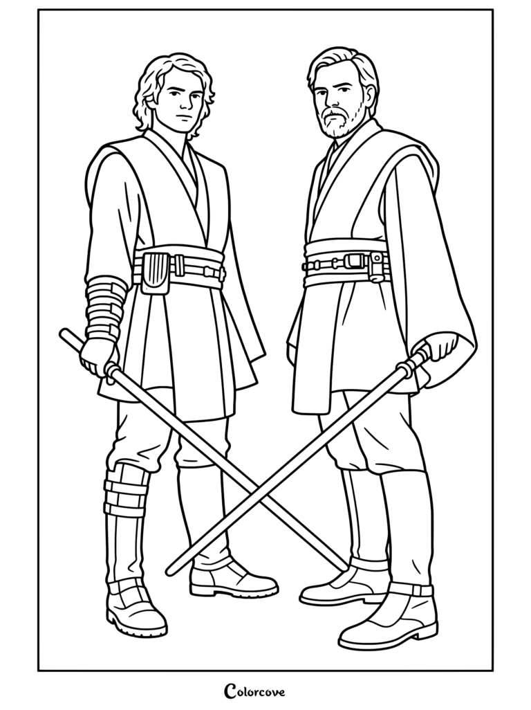 Página para colorear de Star Wars de Anakin Skywalker y Obi-Wan Kenobi con caballeros Jedi y sables de luz.