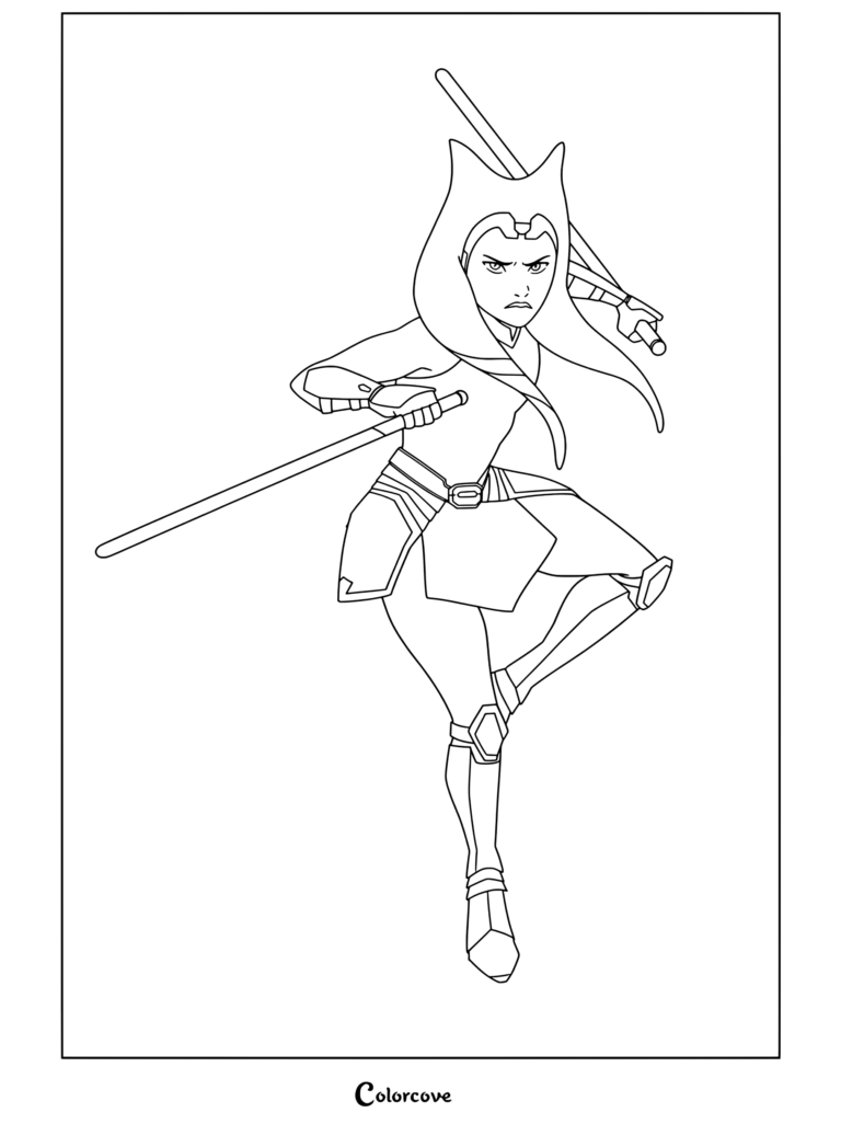 Página para colorear de Star Wars de Ahsoka Tano en postura de combate empuñando dos sables de luz azules con túnica y pantalones azules y grises