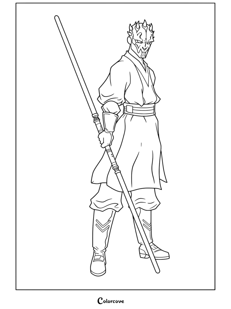 Página para colorear de Star Wars de Darth Maul de pie con confianza sosteniendo un sable de luz rojo de doble hoja con túnicas negras