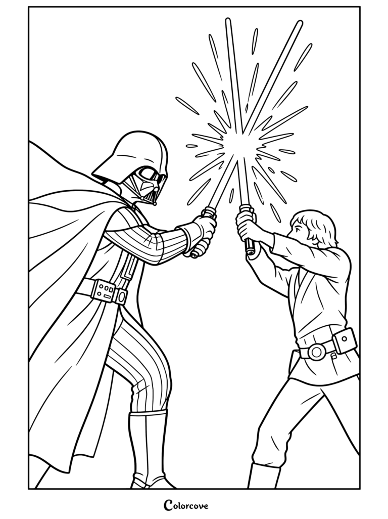 Duelo de sables de luz entre Darth Vader y Luke Skywalker chocando hojas con un fondo azul en una página para colorear terminada para fanáticos de Star Wars.
