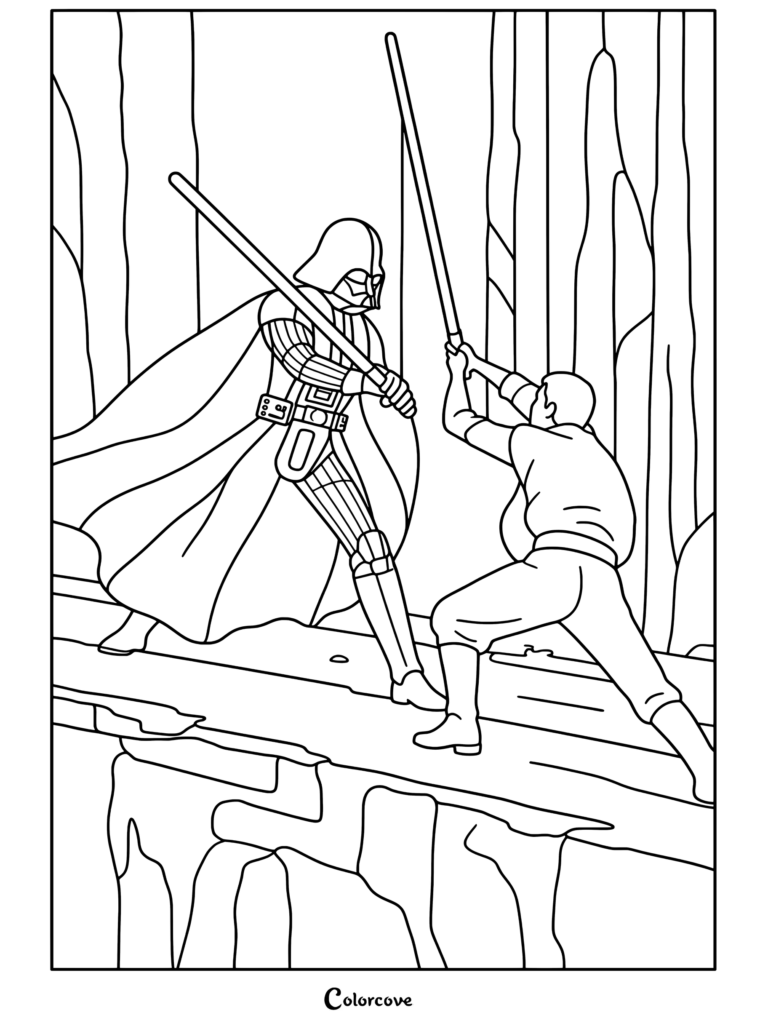 Duelo de sables de luz entre Darth Vader y Luke Skywalker en la cámara de congelación de carbono de Ciudad de las Nubes, página para colorear para fanáticos de Star Wars.