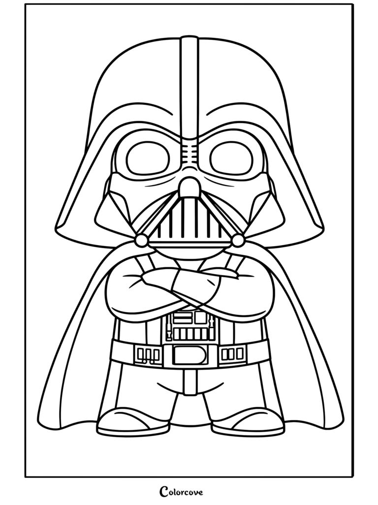 Caricatura linda estilizada tipo chibi de Darth Vader con los brazos cruzados, una página para colorear de Star Wars.