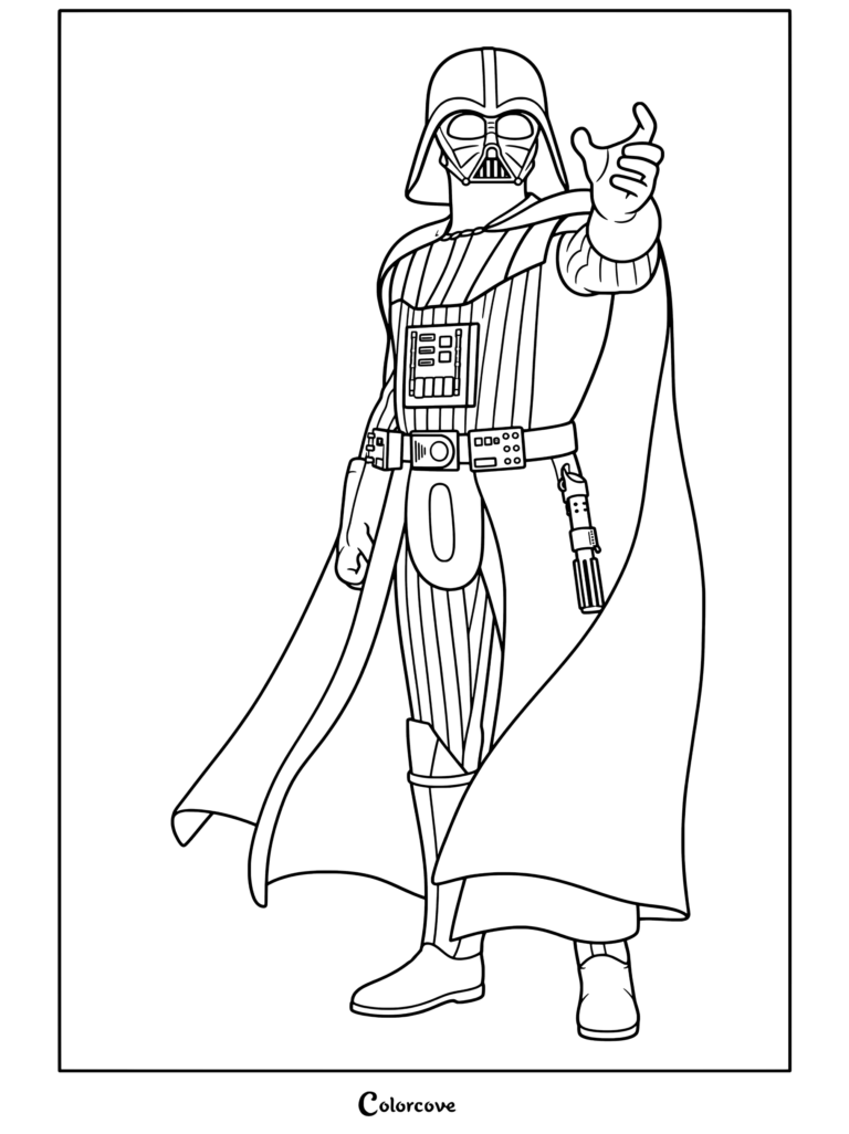 Darth Vader con traje negro y capa extendiendo la mano con un gesto de estrangulamiento de la Fuerza en una página para colorear de Star Wars