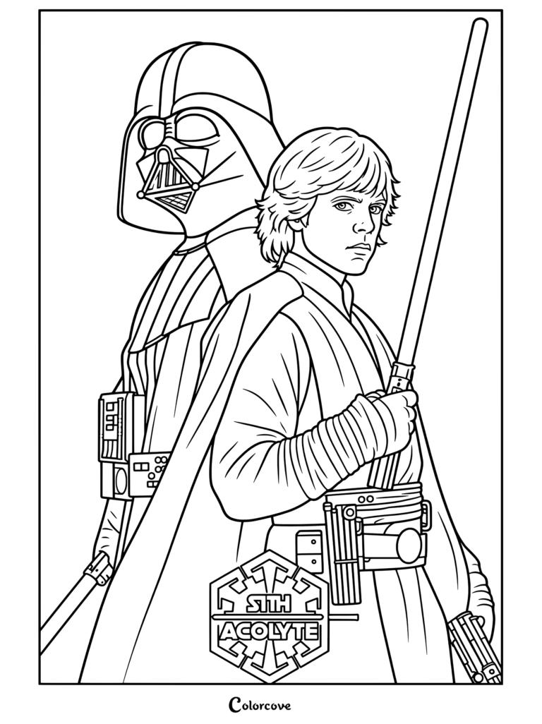 Darth Vader de pie detrás de Luke Skywalker sosteniendo un sable de luz azul en una página para colorear de Star Wars