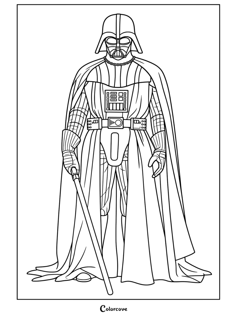 Página para colorear de Darth Vader de pie con iluminación roja dramática sosteniendo un sable de luz rojo brillante para los fanáticos de Star Wars.