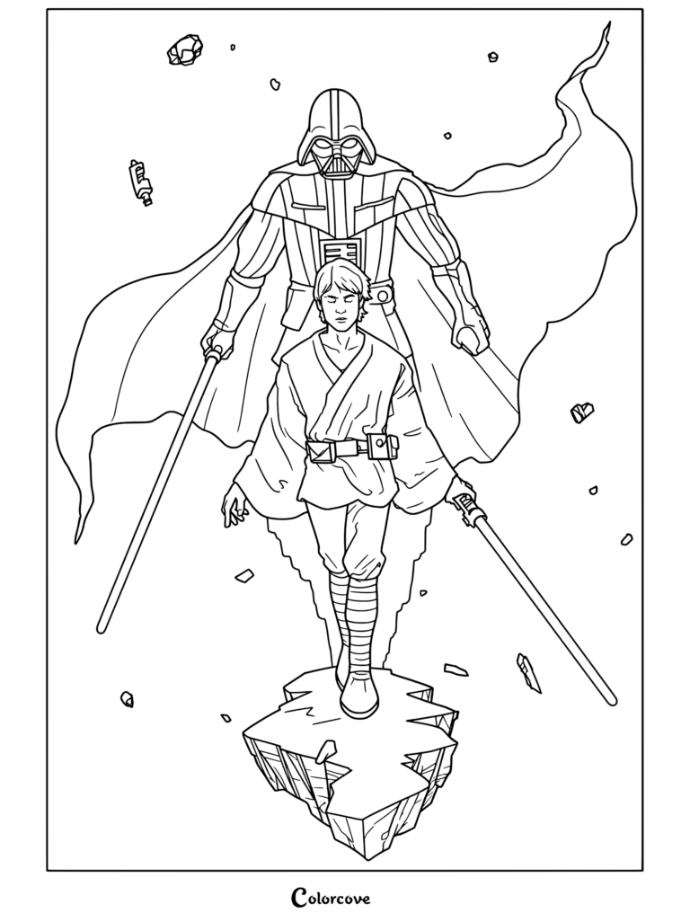 Página para colorear de Star Wars con Darth Vader imponente detrás de Luke Skywalker sosteniendo sables de luz rojo y azul