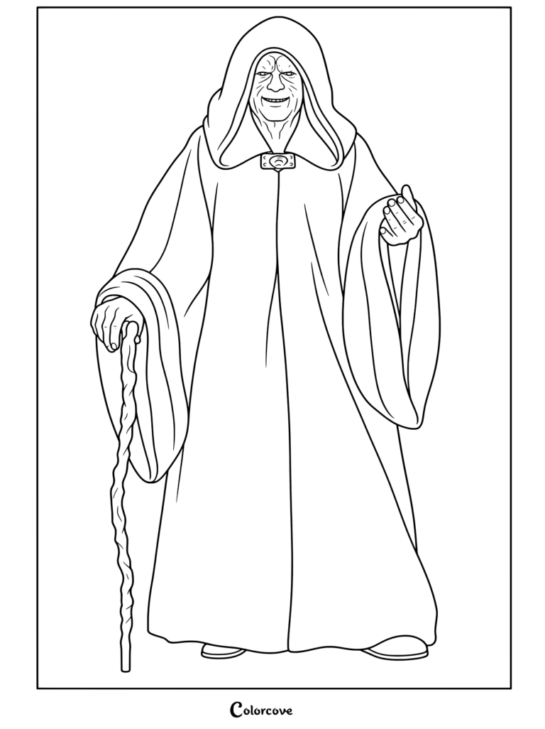 Emperador Palpatine con túnica negra con capucha sosteniendo un bastón con una sonrisa malvada en esta página para colorear de Star Wars.