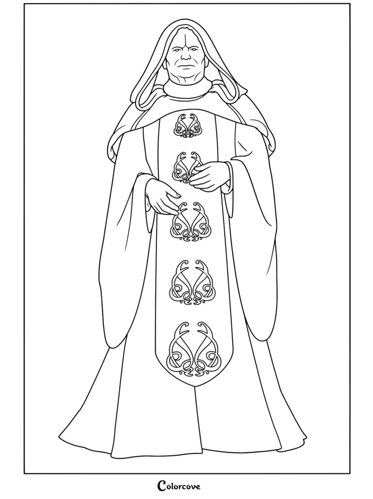 Página para colorear de Star Wars terminada de Emperador Palpatine con túnicas rojas, capucha y estola bordada sobre fondo gris