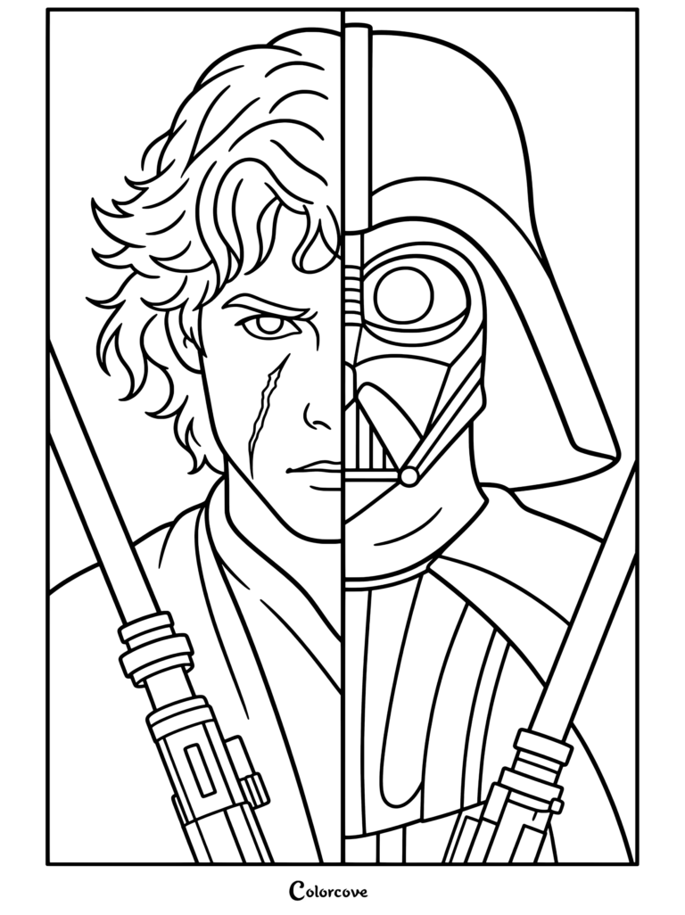Retrato de rostro partido de Anakin Skywalker y Darth Vader con sables de luz azul y rojo, página para colorear de Star Wars.