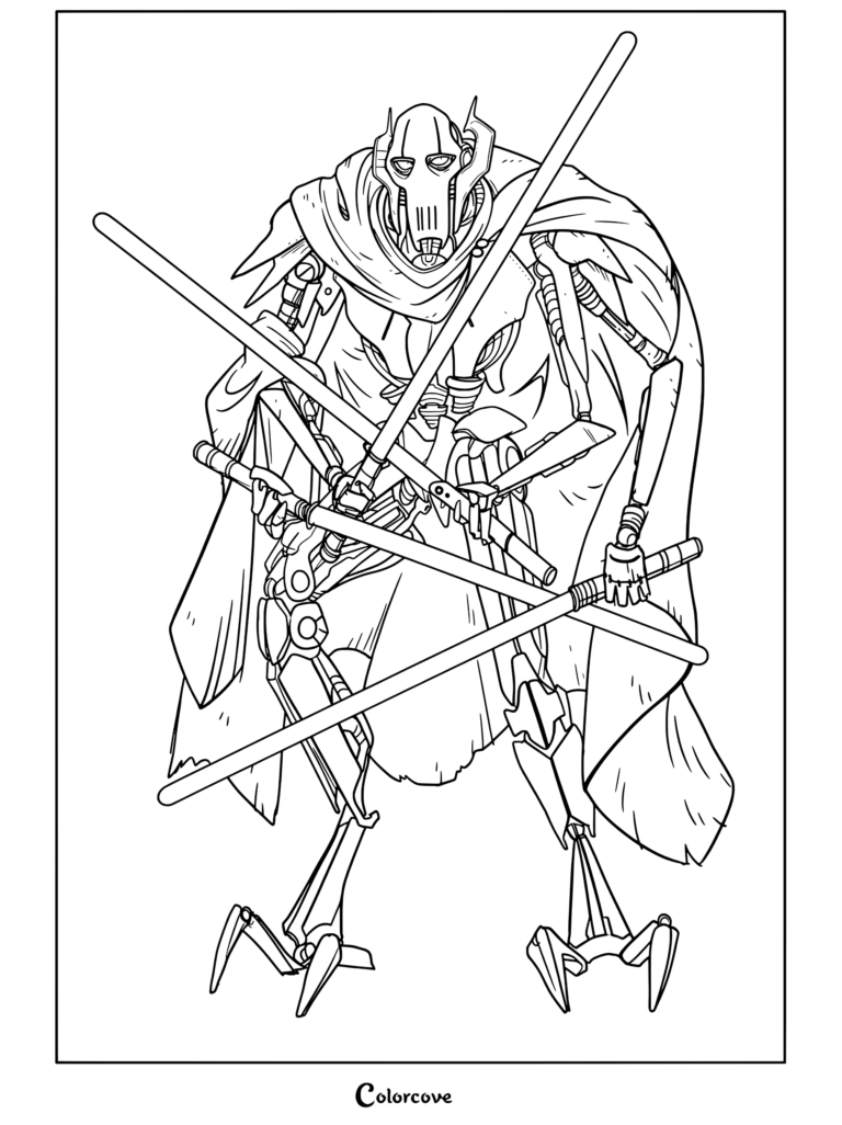 Página para colorear estilo animado de Star Wars de General Grievous sosteniendo cuatro sables de luz con capa