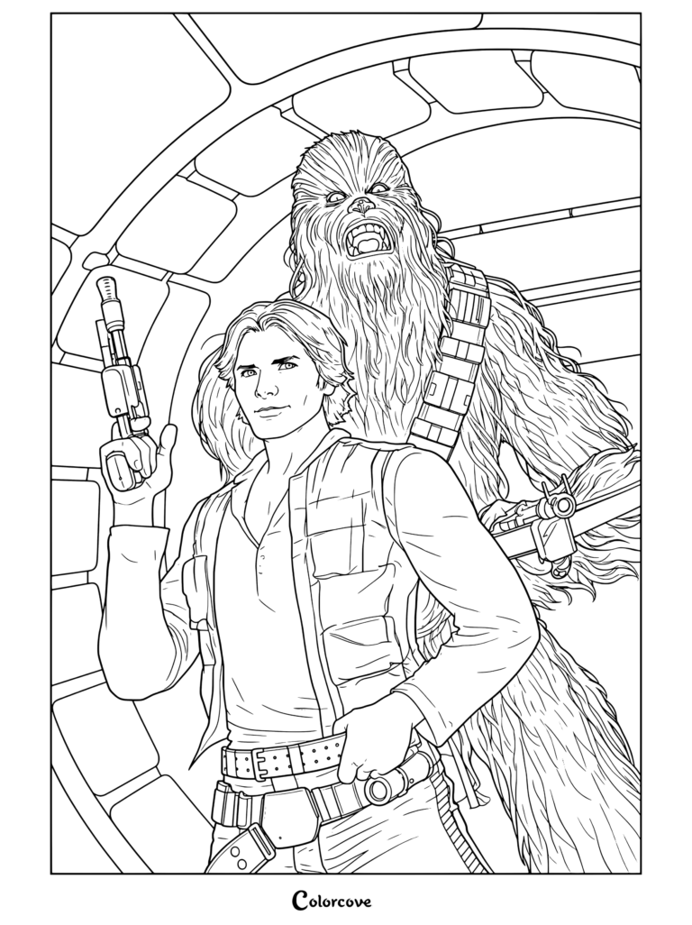 Han Solo sosteniendo una pistola bláster con Chewbacca rugiendo detrás de él dentro del Halcón Milenario en una página para colorear de Star Wars