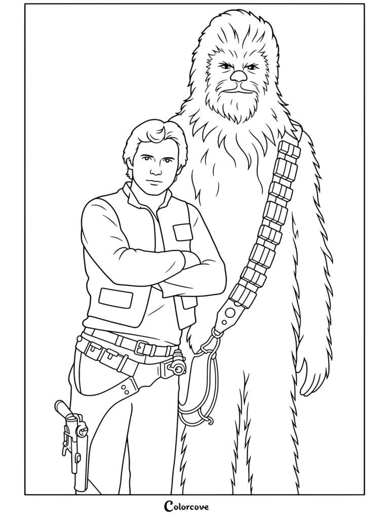 Página para colorear de Star Wars de Han Solo de pie con los brazos cruzados junto a Chewbacca con bandolera