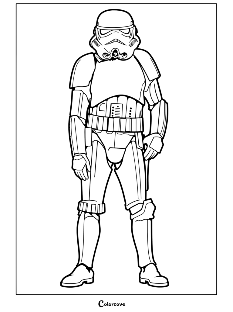 Página para colorear terminada para fans de Star Wars de soldado de asalto imperial con armadura blanca en posición de firmes sosteniendo pistola bláster.