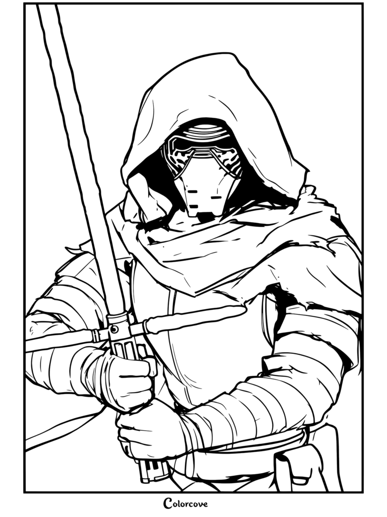 Página para colorear de Star Wars de Kylo Ren sosteniendo un sable de luz de hoja cruzada con capucha y máscara