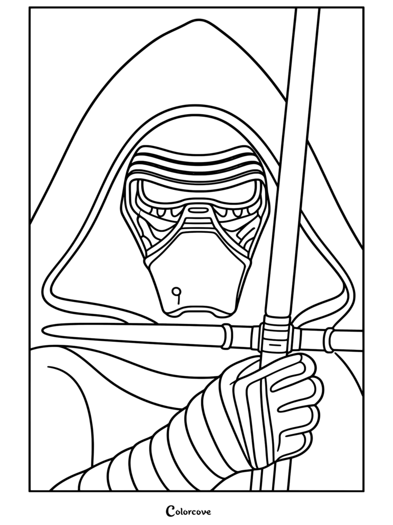 Kylo Ren sosteniendo su sable de luz de hoja cruzada mientras lleva una máscara con capucha, página para colorear de Star Wars.