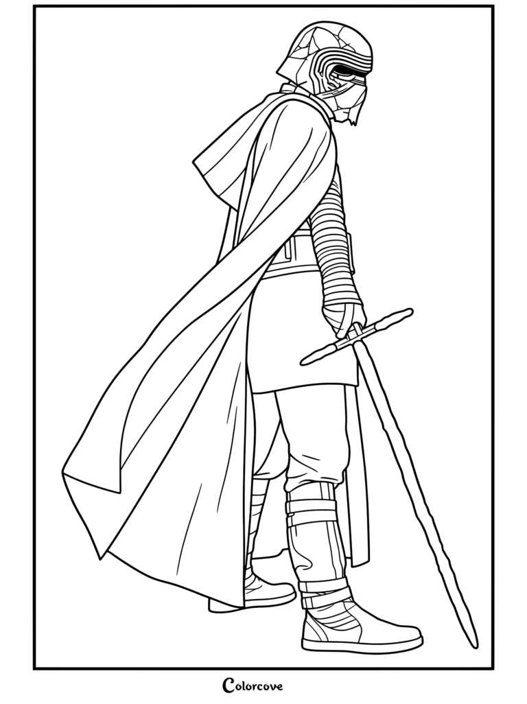 Página para colorear de Star Wars de Kylo Ren sosteniendo un sable de luz de hoja cruzada con capa negra y casco reparado