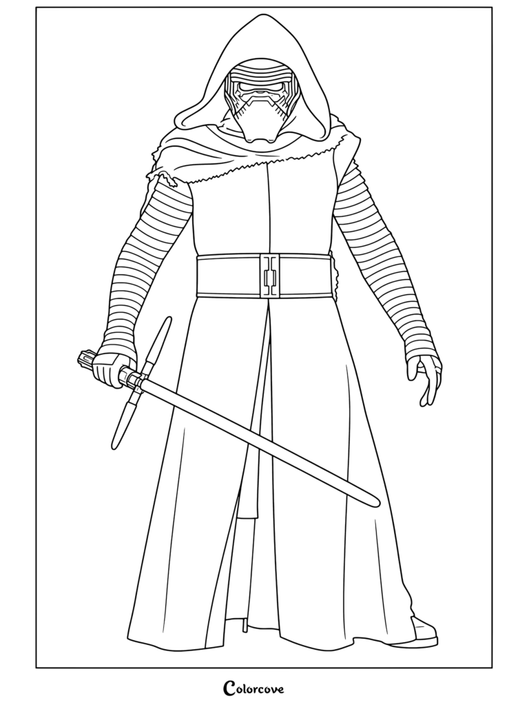 Página para colorear de Kylo Ren con túnica y casco negros, sosteniendo un sable de luz de hoja cruzada con hoja roja, vista frontal en Star Wars