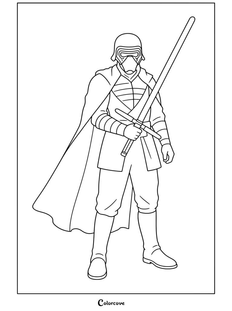 Dibujo de Star Wars para colorear gratis e imprimible de Kylo Ren de pie con capa oscura, sosteniendo un sable de luz de hoja cruzada y un casco reconstruido.