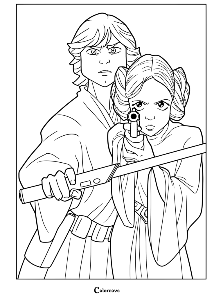 Luke Skywalker sosteniendo un sable de luz azul y la princesa Leia apuntando un bláster en ilustraciones de estilo anime, página para colorear terminada para fanáticos de Star Wars.