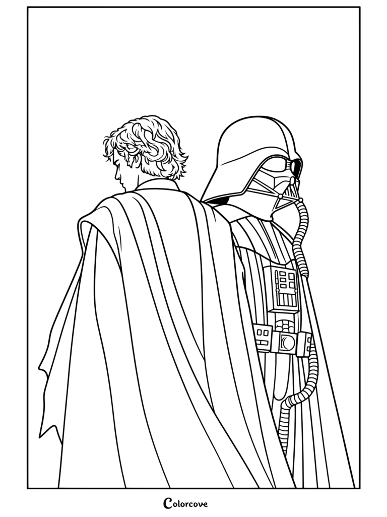 Anakin Skywalker y Darth Vader de pie espalda con espalda en medio de un remolino de humo azul y rojo en una página para colorear de Star Wars