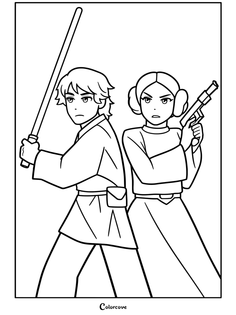 Luke Skywalker sosteniendo un sable de luz azul y la princesa Leia sosteniendo un bláster de pie espalda con espalda en una página para colorear para fanáticos de Star Wars.