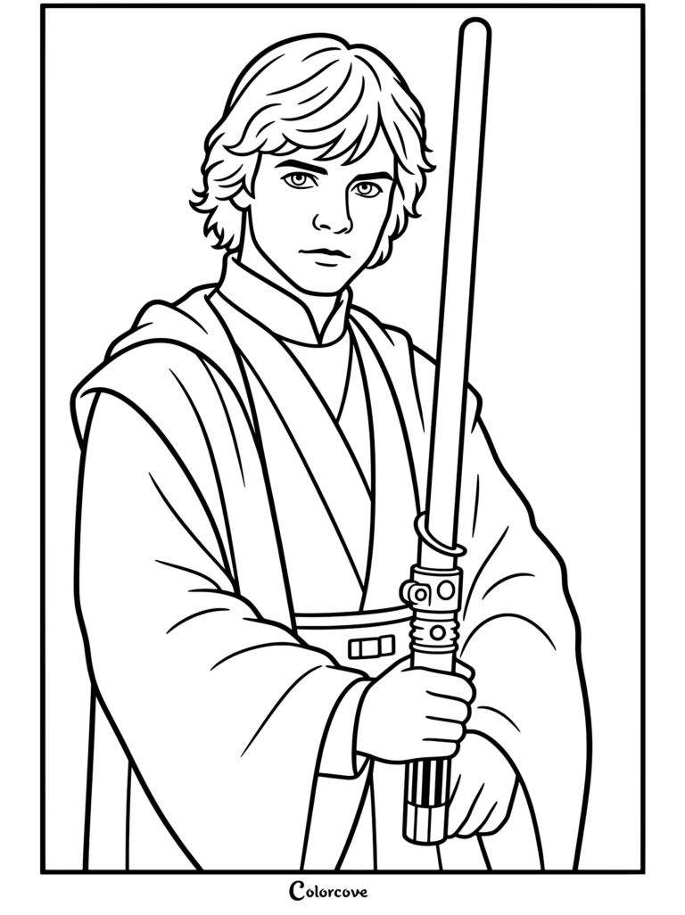 Página para colorear terminada de Star Wars de Luke Skywalker sosteniendo un sable de luz verde con túnicas Jedi negras