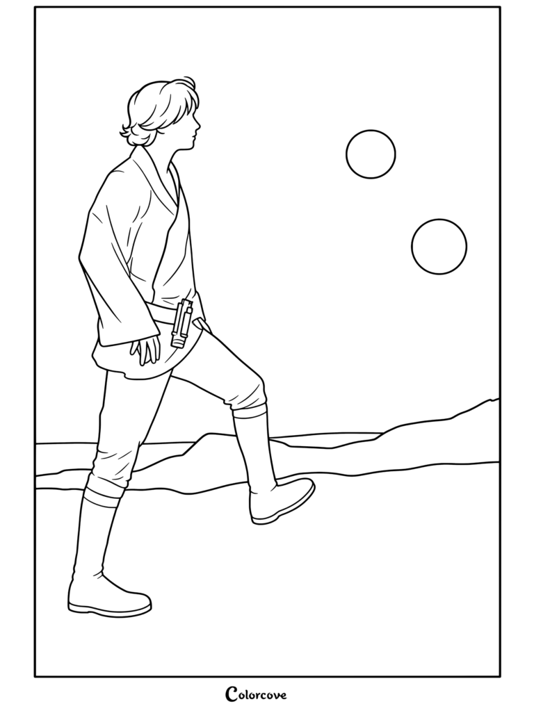 Luke Skywalker mirando la puesta de sol binaria en Tatooine en una página para colorear con arte de Star Wars para imprimir y colorear