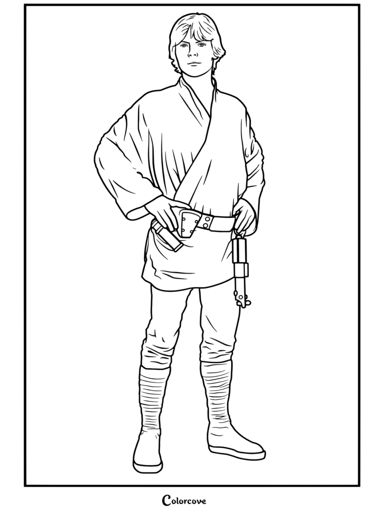 Página para colorear de Star Wars de Luke Skywalker de pie con túnica y pantalones blancos con sable de luz en el cinturón
