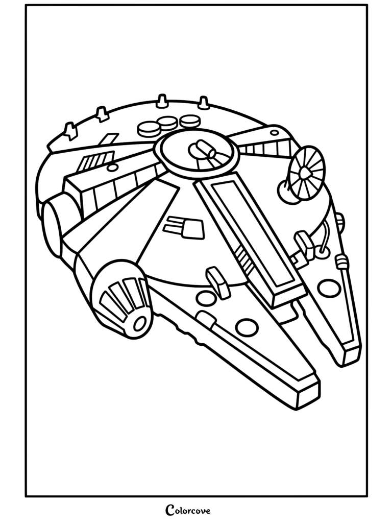 Página para colorear terminada de boceto de nave espacial de Star Wars Halcón Milenario con contorno detallado.