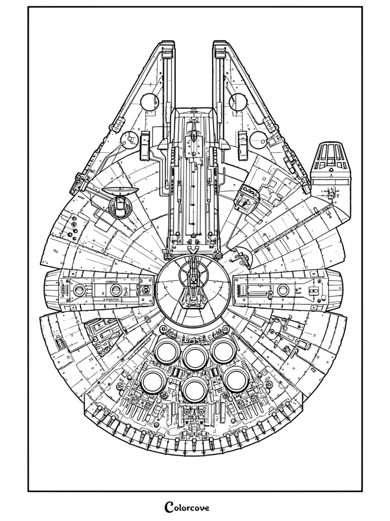 Página para colorear de Star Wars de esquema de plano cenital del Halcón Milenario con siluetas detalladas de naves espaciales para fans.