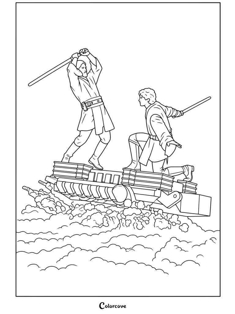 Página para colorear de Star Wars con Obi-Wan Kenobi y Anakin Skywalker duelando con sables de luz azules en plataformas flotantes sobre la lava de Mustafar