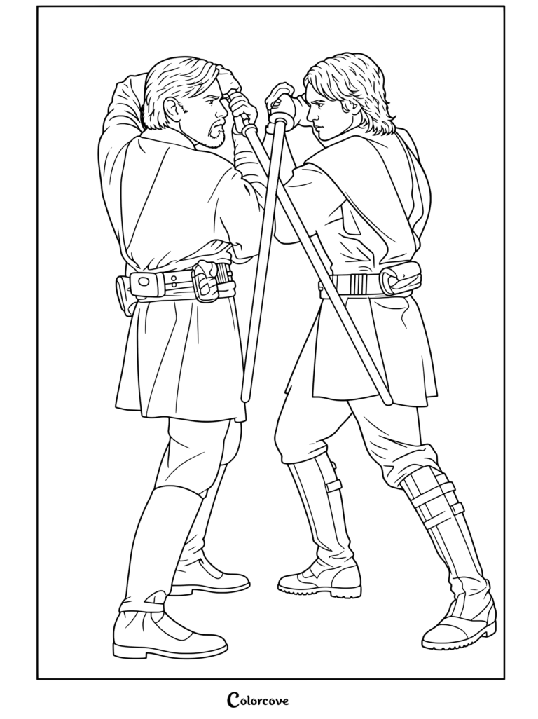 Página para colorear de Star Wars imprimible con Obi-Wan Kenobi y Anakin Skywalker duelando con sables de luz lado a lado.