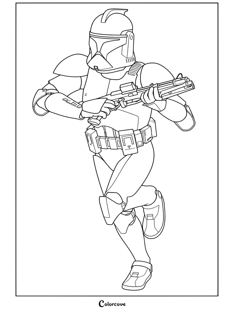 Página para colorear de Star Wars de un soldado clon de Fase Uno con armadura blanca corriendo hacia adelante mientras sostiene un carabina bláster DC-15S.
