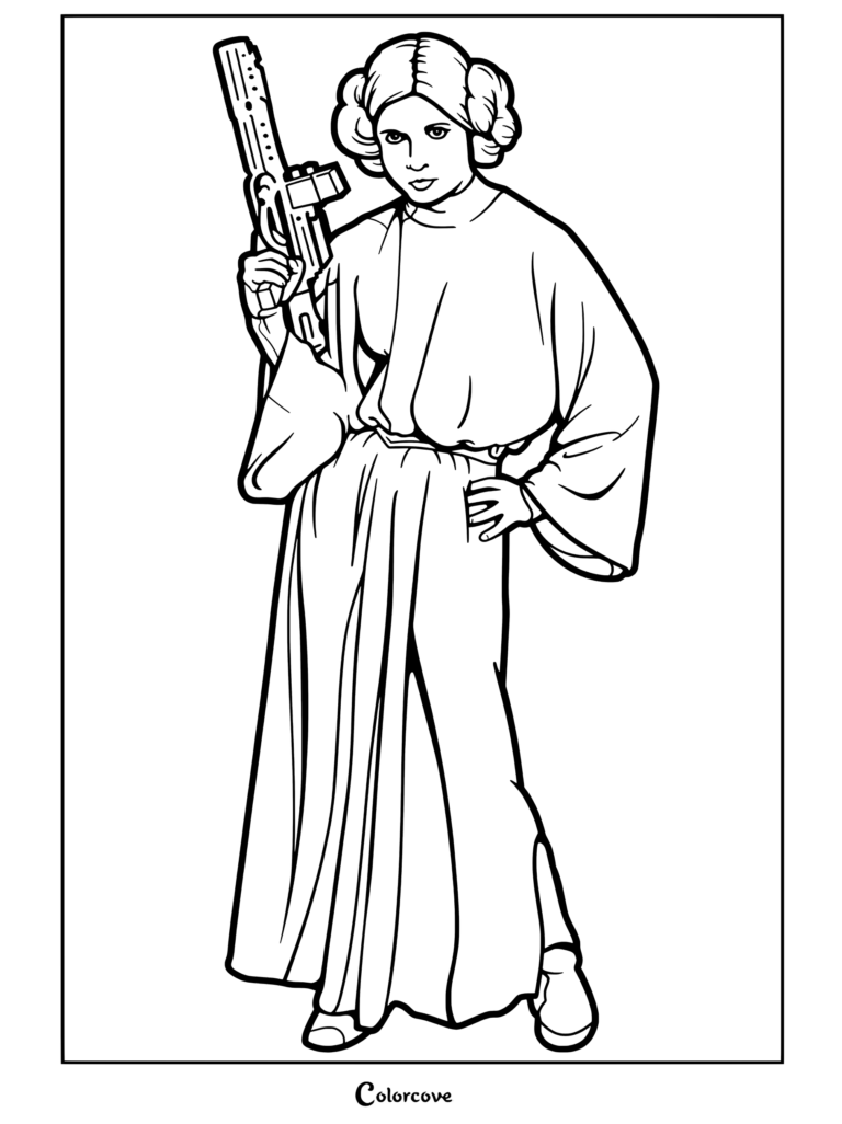 Princesa Leia Organa usando túnicas blancas icónicas y moños en el cabello sosteniendo una pistola bláster en una página para colorear de Star Wars